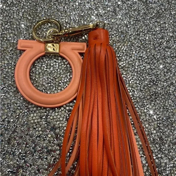 Ferragamo Nectarine Key Holder With Orange Tassel/Gold Hardware NIB